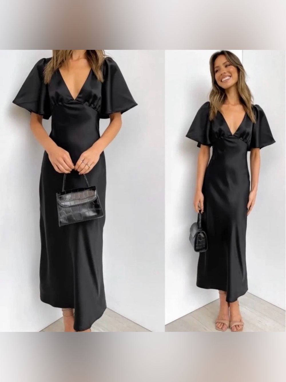 Petal & Pup Black Satin V-Neck Midi Dress
